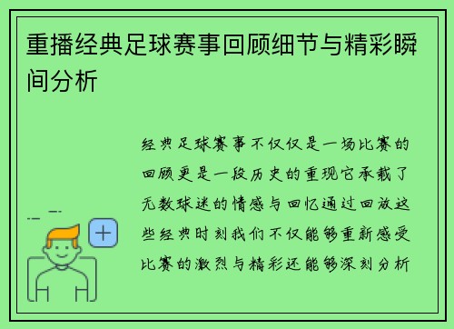 重播经典足球赛事回顾细节与精彩瞬间分析