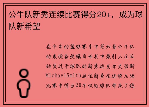 公牛队新秀连续比赛得分20+，成为球队新希望