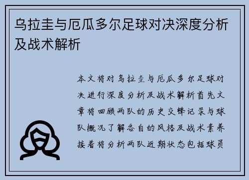 乌拉圭与厄瓜多尔足球对决深度分析及战术解析