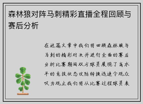 森林狼对阵马刺精彩直播全程回顾与赛后分析