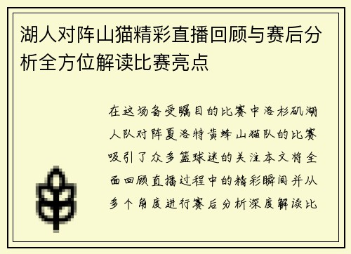 湖人对阵山猫精彩直播回顾与赛后分析全方位解读比赛亮点