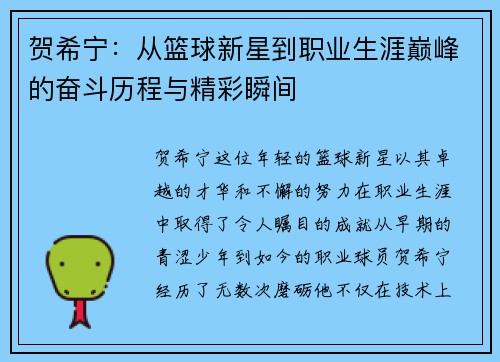 贺希宁：从篮球新星到职业生涯巅峰的奋斗历程与精彩瞬间
