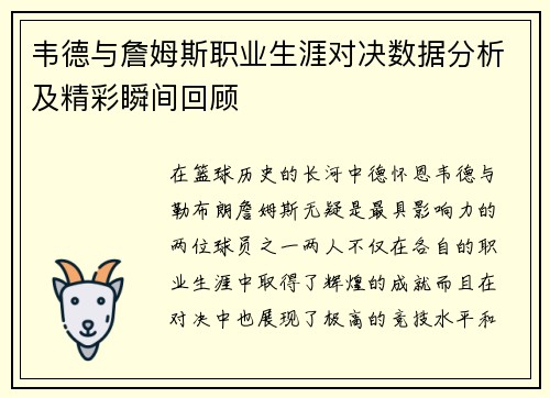 韦德与詹姆斯职业生涯对决数据分析及精彩瞬间回顾