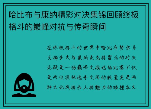 哈比布与康纳精彩对决集锦回顾终极格斗的巅峰对抗与传奇瞬间