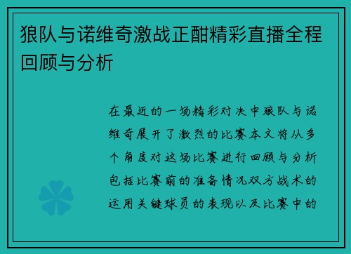 狼队与诺维奇激战正酣精彩直播全程回顾与分析