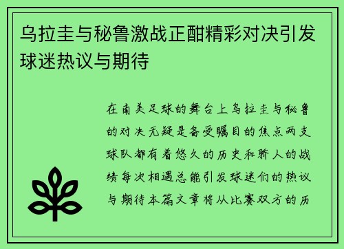 乌拉圭与秘鲁激战正酣精彩对决引发球迷热议与期待