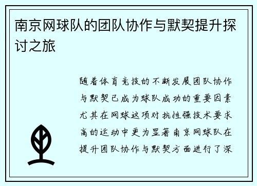 南京网球队的团队协作与默契提升探讨之旅