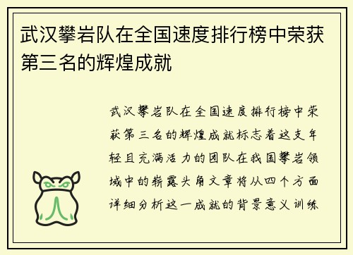 武汉攀岩队在全国速度排行榜中荣获第三名的辉煌成就